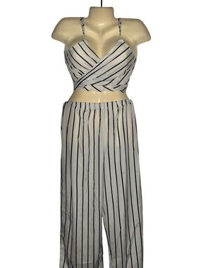 SHEIN White & Black Striped Two-Piece Wide-Leg Jumpsuit Set